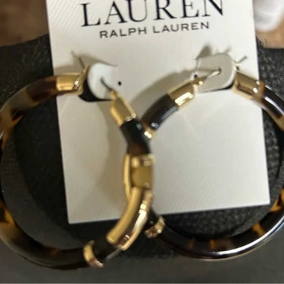 Ralph Lauren Brown and Gold Hoop Earrings Tortoise shell Logo - Picture 2 of 3